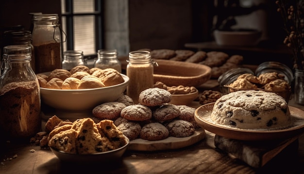 Una mesa llena de pasteles y otros pasteles, incluido un vaso de leche.