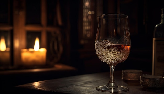 Foto gratuita mesa de lujo a la luz de las velas vino whisky llama romance generado por ia