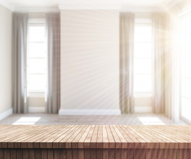 Mesa de madera 3D mirando a una habitación vacía y soleada