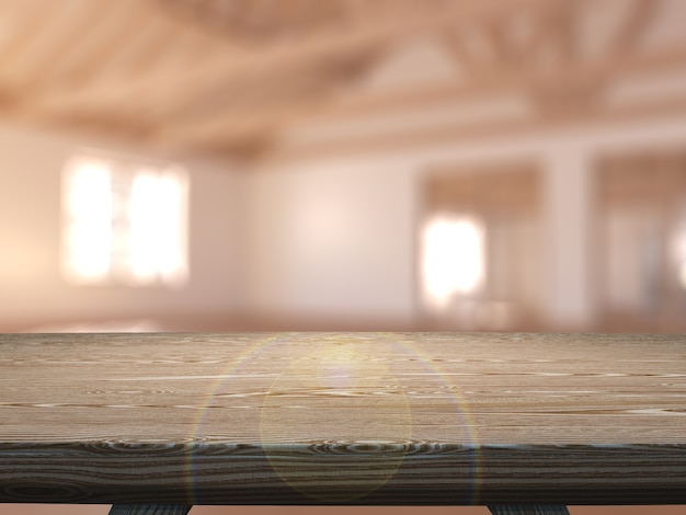 Mesa de madera 3D mirando a una habitación vacía