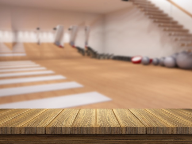 Mesa de madera 3D mirando hacia el interior de un gimnasio moderno