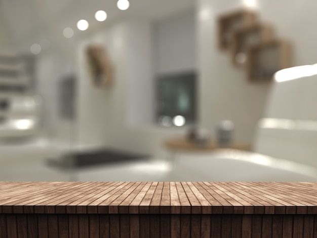 Foto gratuita mesa de madera 3d mirando hacia el interior de una habitación desenfocada