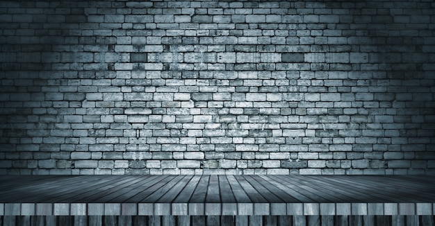 Foto gratuita mesa de madera 3d mirando a una pared de ladrillo