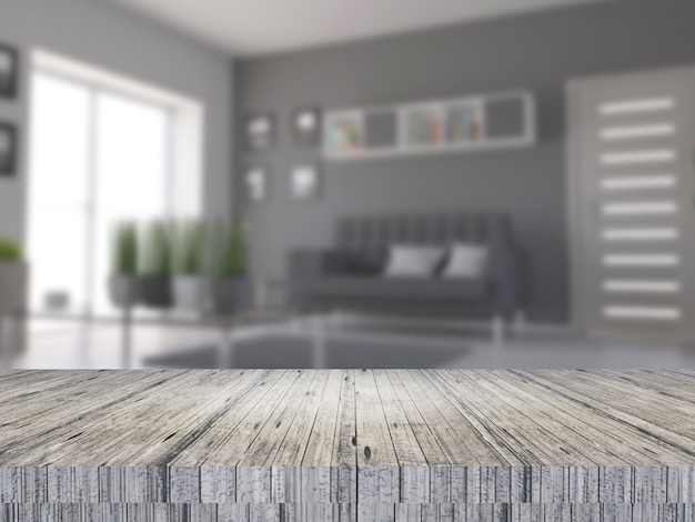 Foto gratuita mesa de madera 3d con vista al interior de una habitación desenfocada.