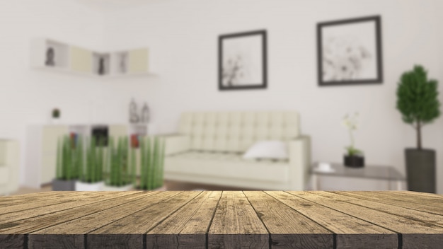 Foto gratuita mesa de madera 3d con vistas a una moderna sala de estar desenfocada