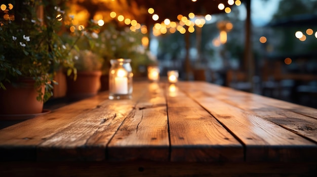 Foto gratuita mesa de madera afuera por la noche iluminada por luces de fondo