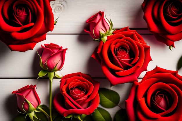 Una mesa de madera blanca con rosas rojas