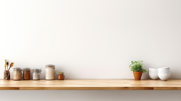 Foto gratuita mesa de madera contra una pared blanca de la cocina perfecta para exhibir productos