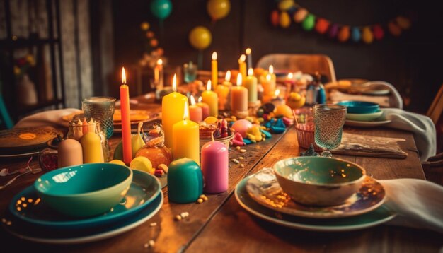 Mesa de madera decorada con velas multicolores generada por IA