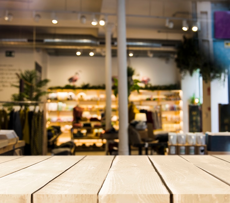 Foto gratuito mesa de madera con escena de restaurante borrosa