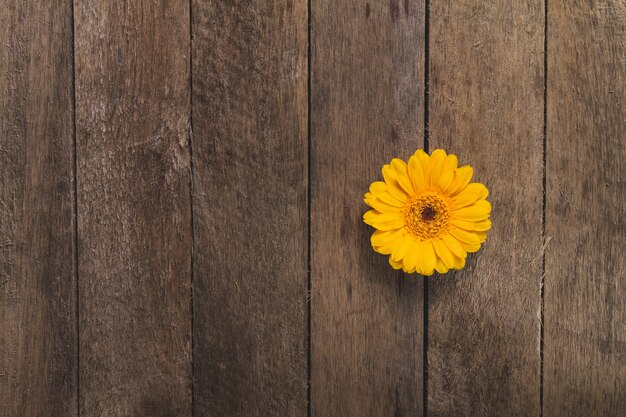 Mesa de madera con flor amarilla