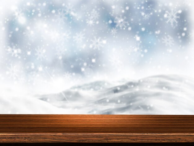 Una mesa de madera con el fondo cubierto de nieve
