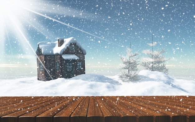 Mesa de madera en frente de una casa nevada