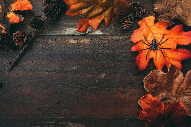 Mesa de madera de halloween con hojas de colores