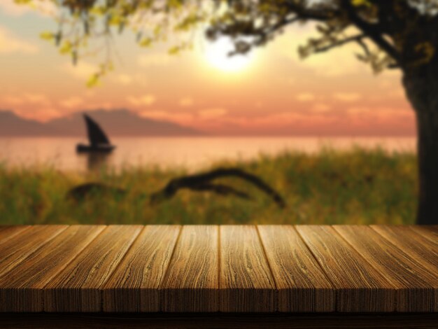 Mesa de madera con una imagen desenfocada de un barco en un lago