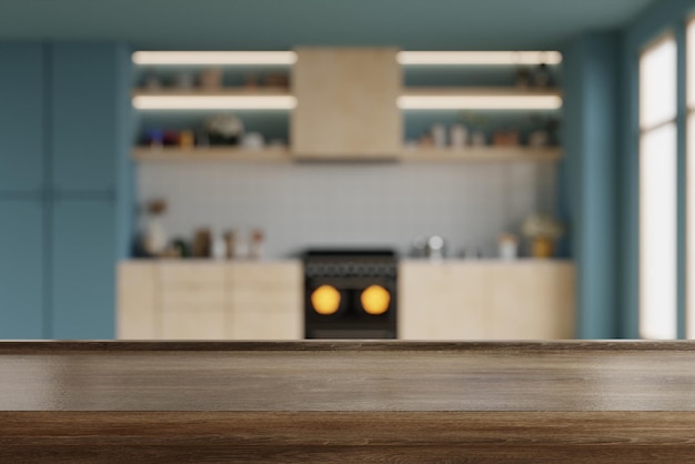 Mesa de madera oscura en el fondo de la sala de cocina borrosaInterior de la sala de cocina contemporánea moderna