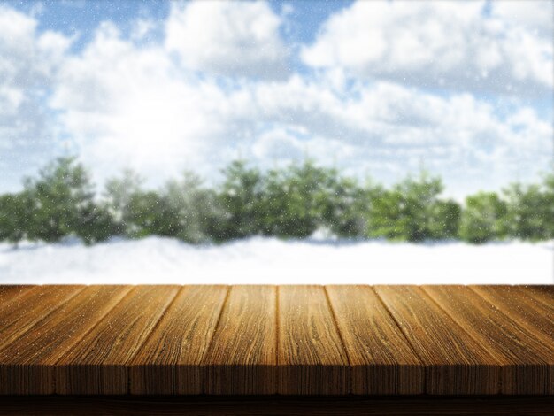 Mesa de madera con paisaje de navidad nevado  