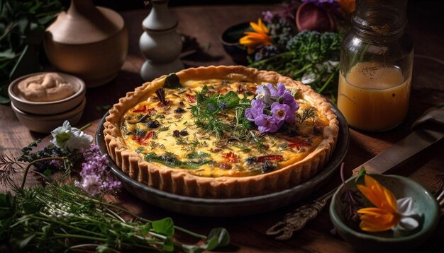 Foto gratuita una mesa de madera rústica muestra tartas saladas caseras generadas por ia