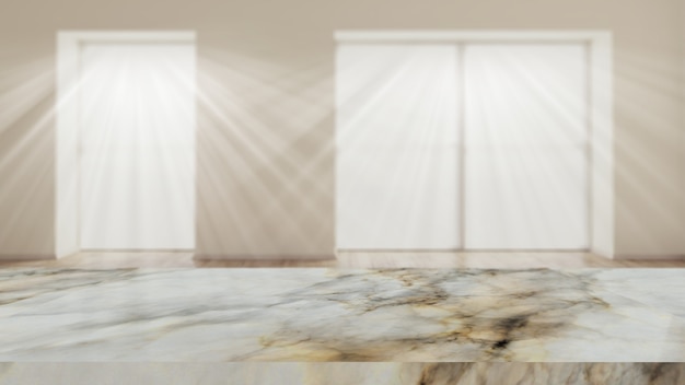 Mesa de mármol 3D contra el interior de una habitación desenfocada.