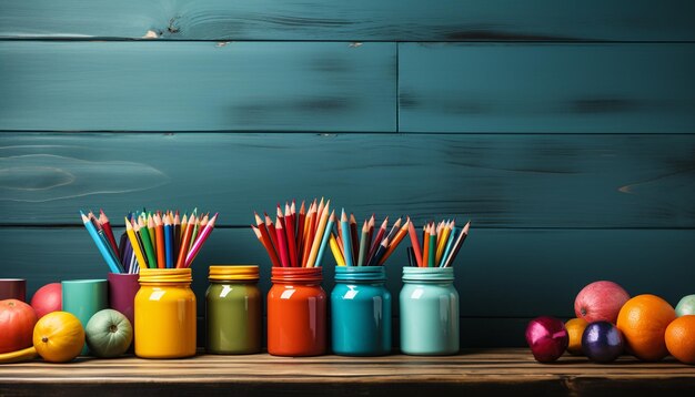 Una mesa multicolor vibrante con decoraciones infantiles creativas generadas por inteligencia artificial.
