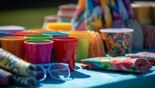 Foto gratuita mesa de pícnic de verano vibrante con decoraciones coloridas generadas por ia