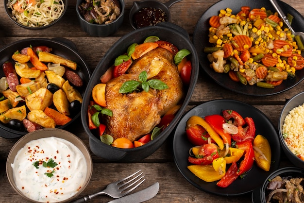 Mesa plana llena de deliciosa composición de comida