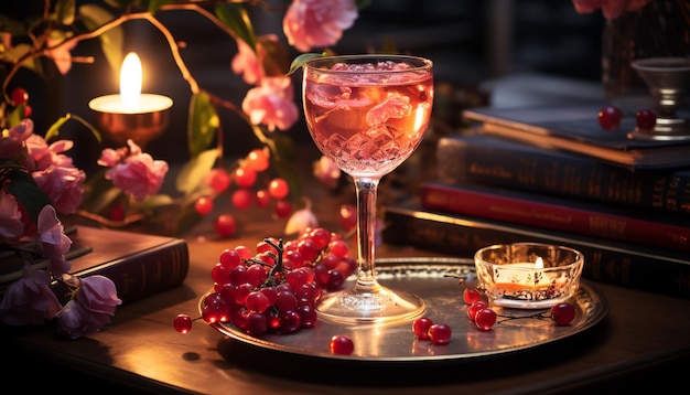 Una mesa rústica iluminada por una copa de vino a la luz de las velas llena de vino generada por inteligencia artificial.