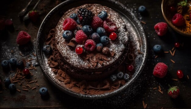 Mesa rústica con indulgencia de postres caseros de bayas generada por IA