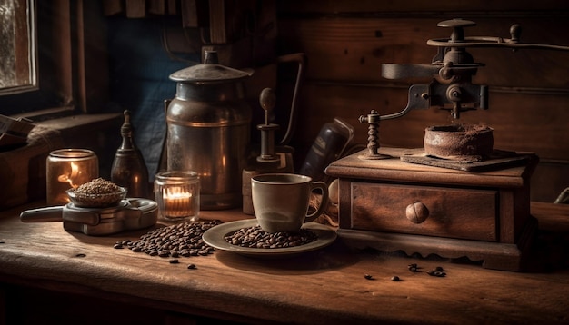 Foto gratuita una mesa rústica sostiene un molinillo de café antiguo generado por ia