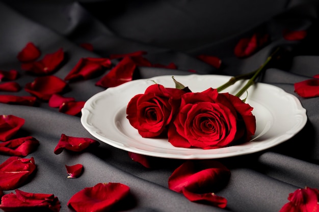 Mesa de San Valentín con rosas y plato.