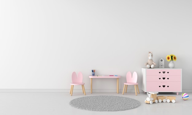 Mesa y silla rosa en habitación infantil blanca