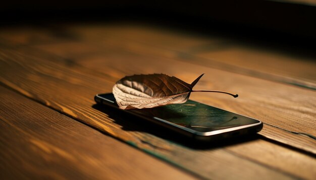 Mesa de tablones de madera de otoño con teléfono móvil generada por IA
