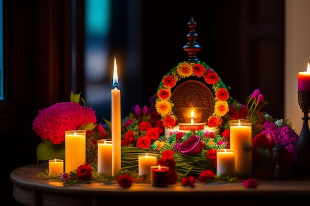 Foto gratuita una mesa con velas y flores con un cartel que dice 