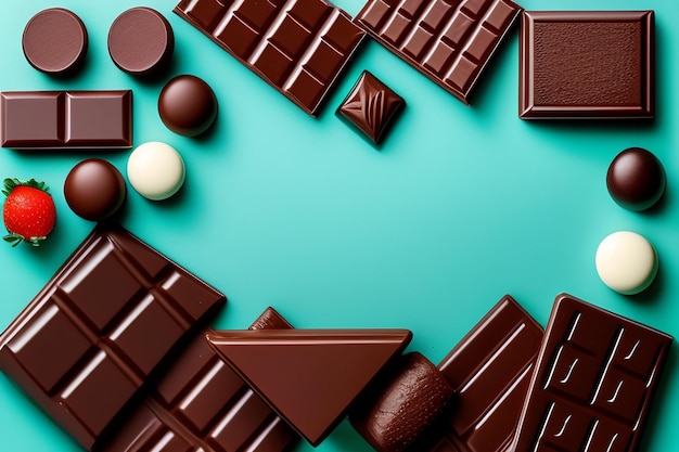 Una mesa verde con barras de chocolate y un círculo blanco con la palabra chocolate.