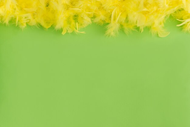 Mesa verde con plumas amarillas en la parte superior