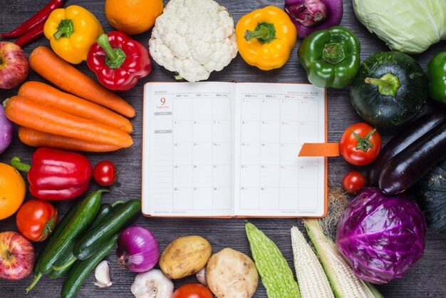 Mesa con verduras y una agenda