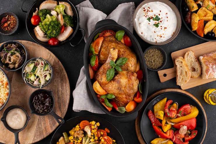 Foto gratuito mesa de vista superior llena de deliciosa composición de alimentos