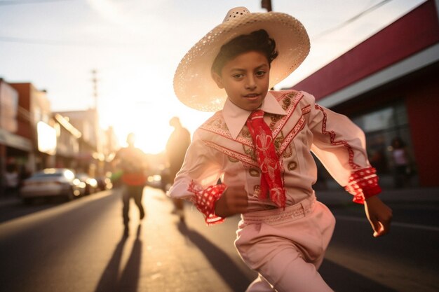 Mexicano vestido y chico corriendo