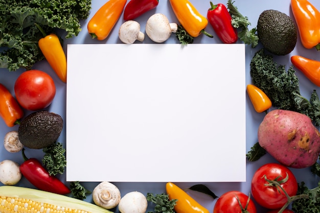Mezcla de vista superior de verduras con rectángulo en blanco
