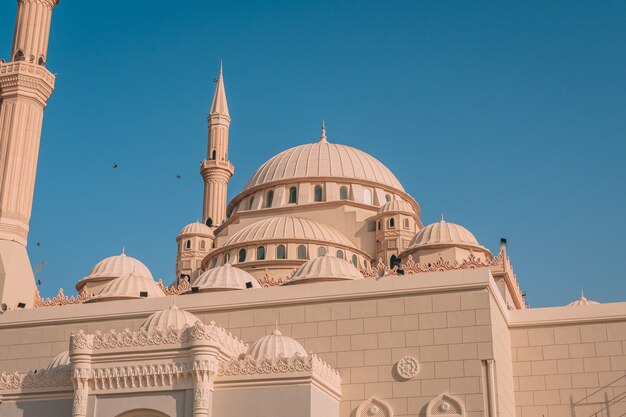 Mezquita de Al Maghfirah en Emiratos Árabes Unidos con sus cúpulas y torres bajo el cielo despejado