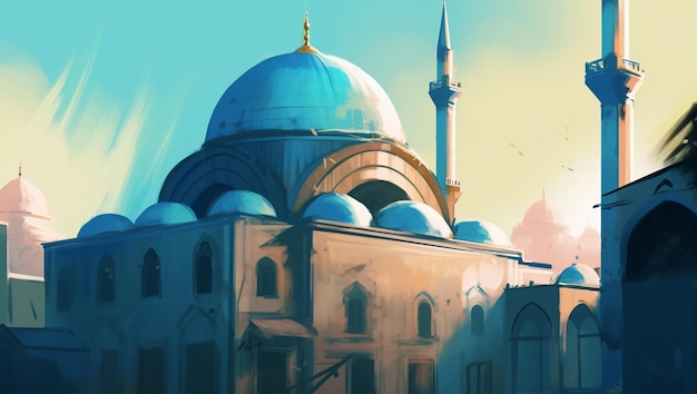 Foto gratuita una mezquita azul con un cielo rosa de fondo