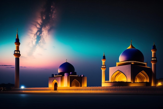 Foto gratuita una mezquita con una cúpula azul y un cielo rosa