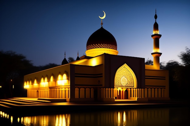 Una mezquita iluminada con una luna creciente en la parte superior.