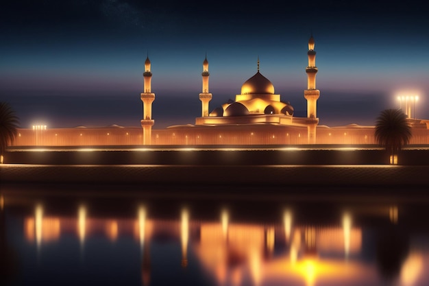 Foto gratuita una mezquita con luces en el agua y el cielo iluminado.