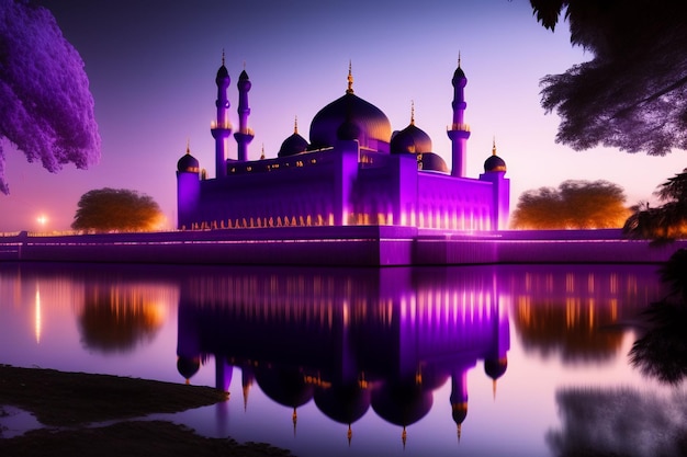 Una mezquita morada iluminada por la noche con las luces moradas