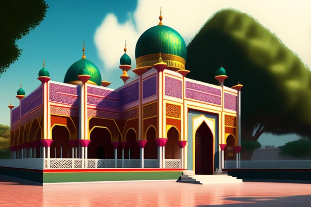 Una mezquita en un parque con cielo azul y nubes.