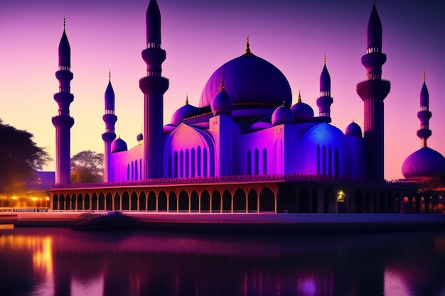 Mezquita púrpura de ramadán con las palabras ramadán en el frente