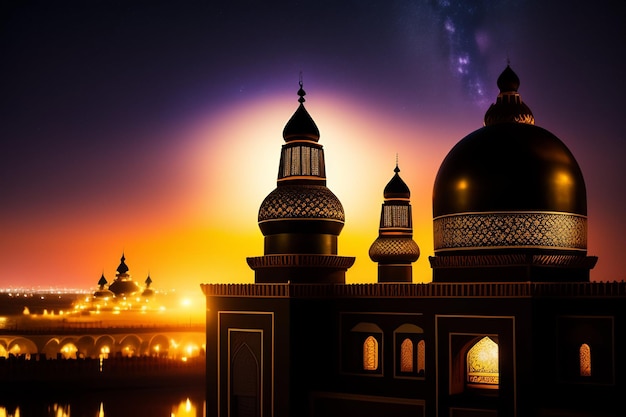 Foto gratuita mezquita ramadan kareem eid mubarak en la noche con fondo de luz solar foto gratis