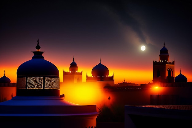 Mezquita Ramadan Kareem Eid Mubarak en la noche con fondo de luz solar Foto Gratis