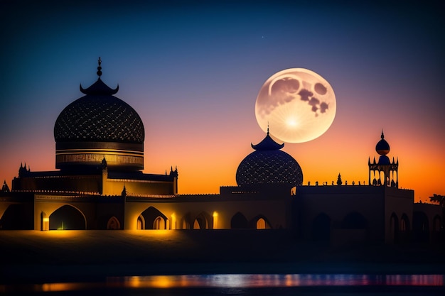 Foto gratuita mezquita ramadan kareem eid mubarak en la noche con fondo de luz solar foto gratis